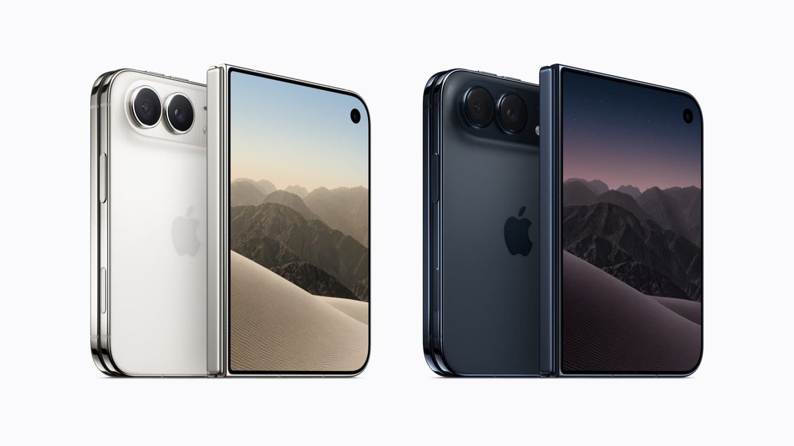Dva iPhone Duo telefona, beli i tamnoplavi, blago odškrinuti tako da se vide i leđa sa dve kamere i prednji ekran