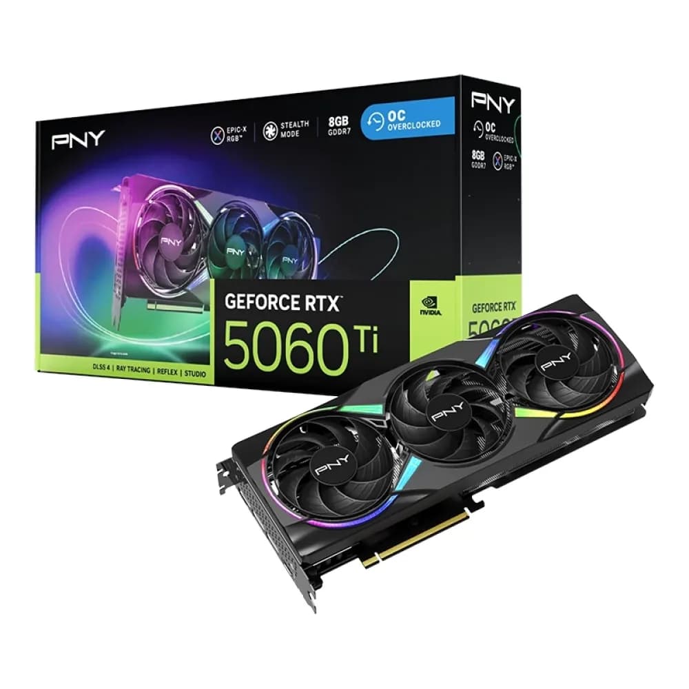 PNY VCG5060T8TFXXPB1-O EPIC-X RGB Overclocked Triple Fan GeForce RTX 5060 Ti 8GB GDDR7 DLSS4 – Novo